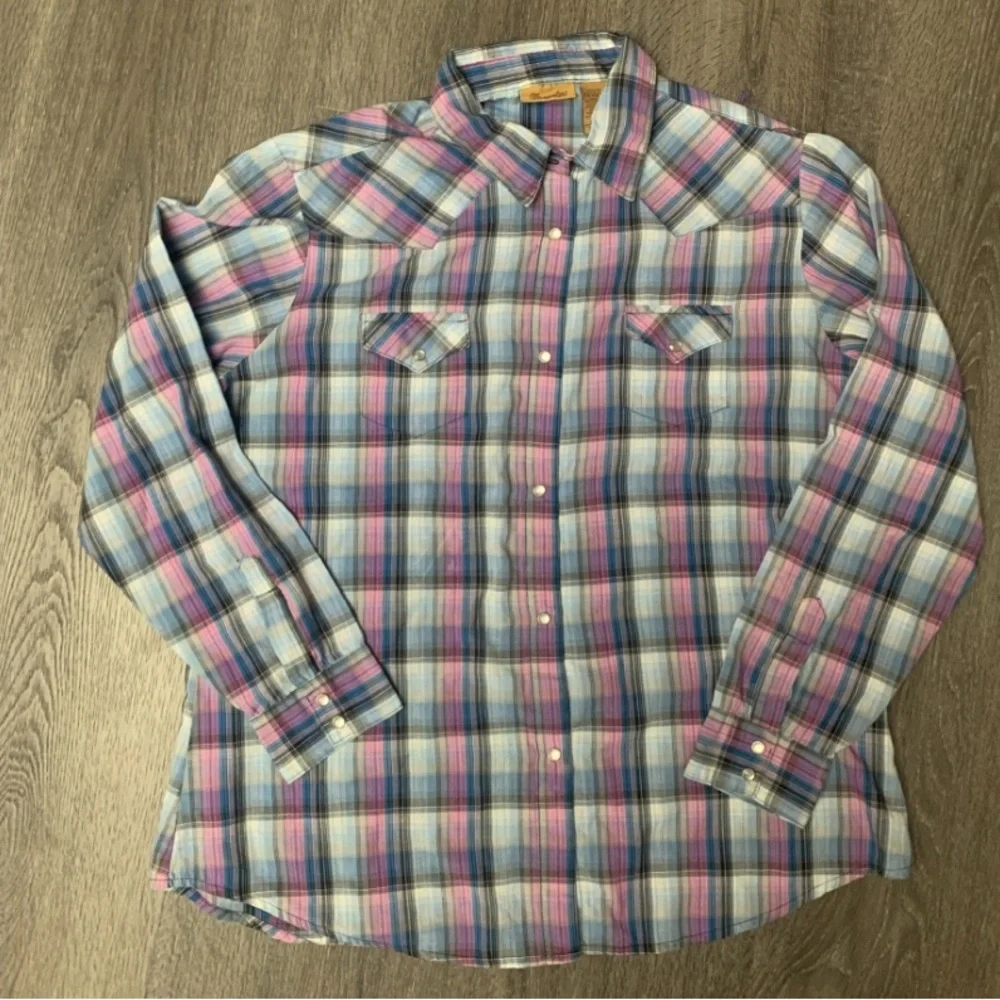 Wrangler Pearl Snap Shirt Plaid Long Sleeve Purple Pink Blue Western Cowgirl XL - Picture 5 of 7